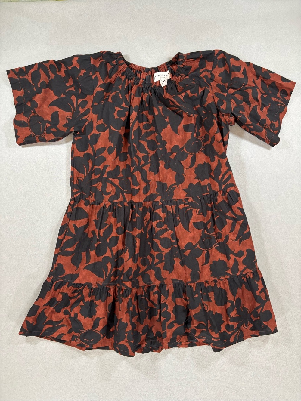 Apiece Apart Rust & Black Floral Tiered Dress (no belt) S